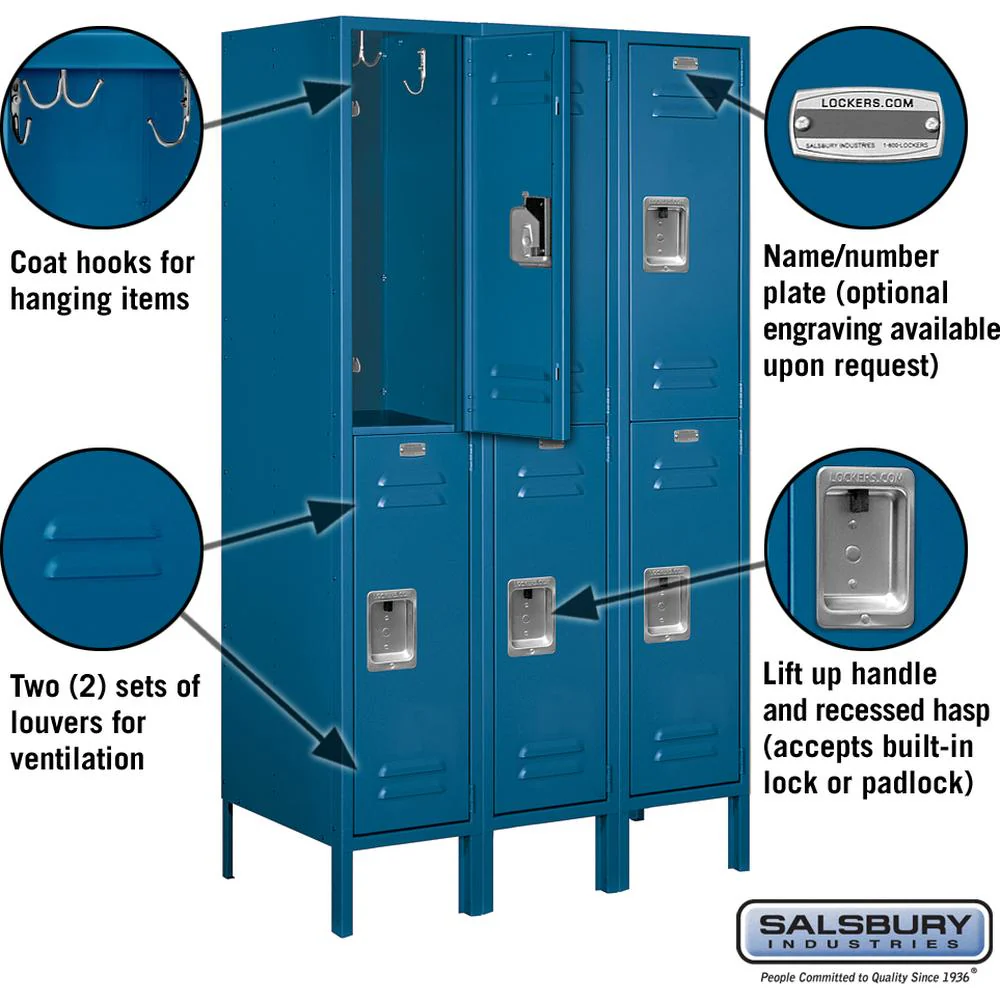 12" Wide Double Tier Standard Metal Locker - 3 Wide - 5 Feet High - 18" Deep by Salsbury - Image 2