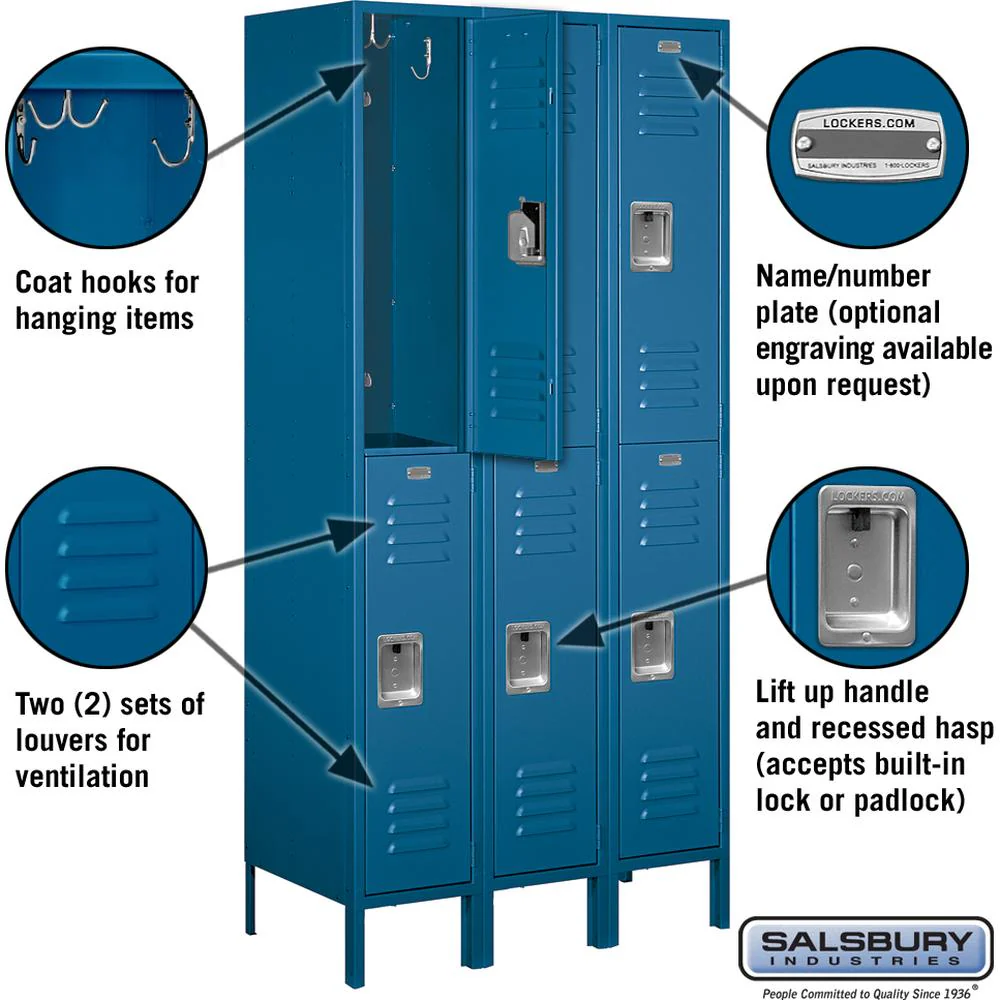 12" Wide Double Tier Standard Metal Locker - 3 Wide - 6 Feet High - 18" Deep by Salsbury - Image 2