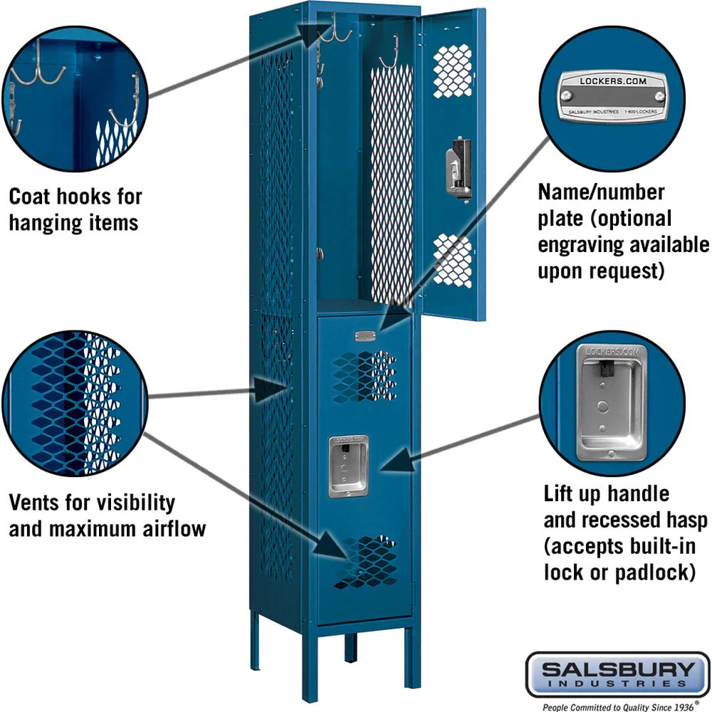 12" Wide Double Tier Vented Metal Locker - 1 Wide - 5 Feet High - 12" Deep by Salsbury - Image 2