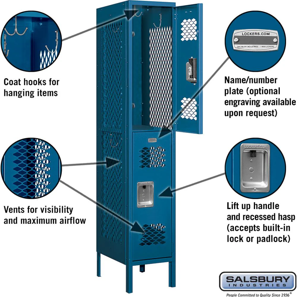 12" Wide Double Tier Vented Metal Locker - 1 Wide - 5 Feet High - 18" Deep by Salsbury - Image 2