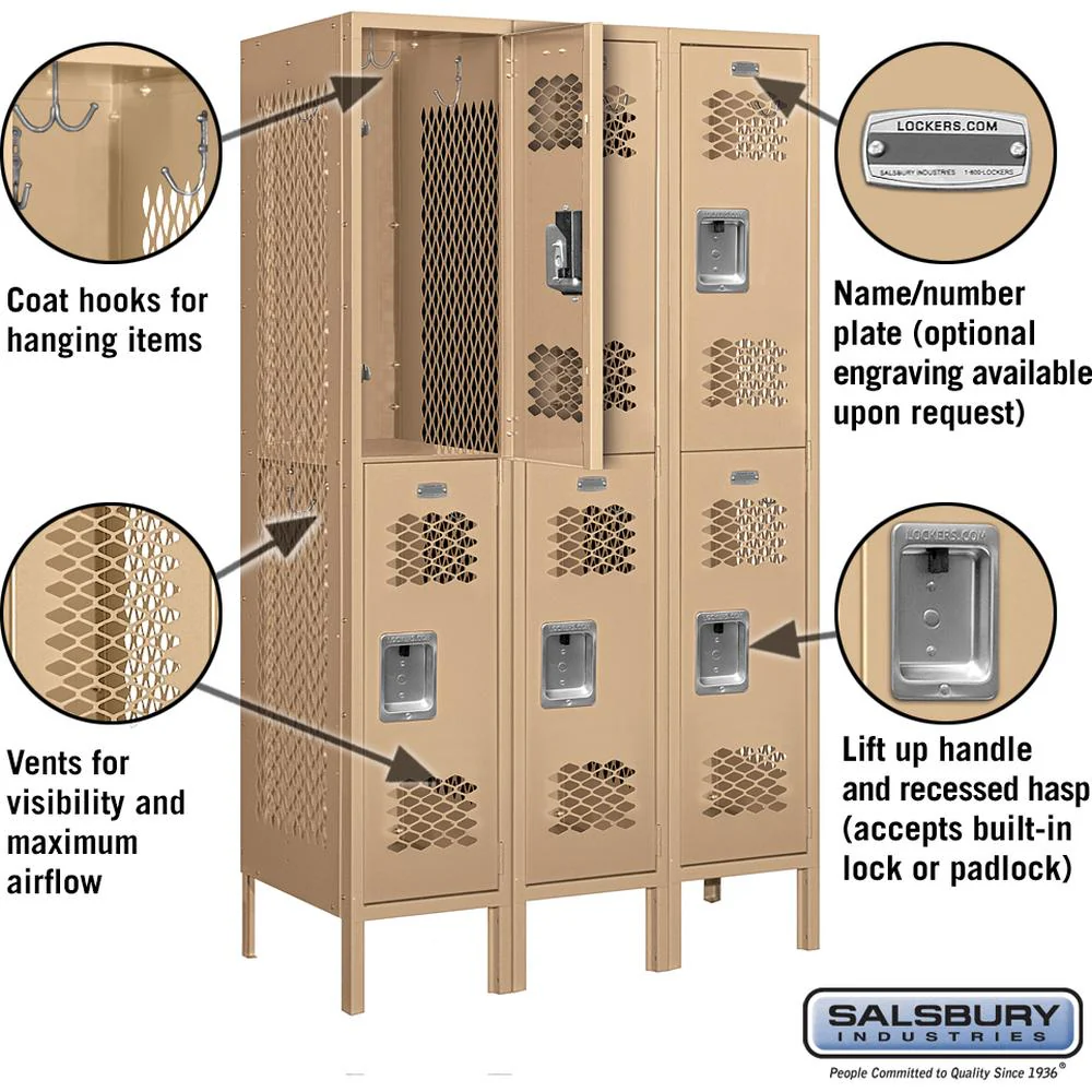 12" Wide Double Tier Vented Metal Locker - 3 Wide - 5 Feet High - 18" Deep - Tan by Salsbury - Image 2