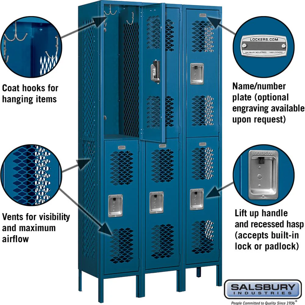 12" Wide Double Tier Vented Metal Locker - 3 Wide - 6 Feet High - 12" Deep by Salsbury - Image 2