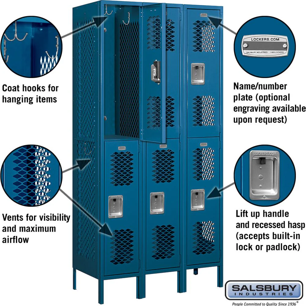 12" Wide Double Tier Vented Metal Locker - 3 Wide - 6 Feet High - 18" Deep by Salsbury - Image 2