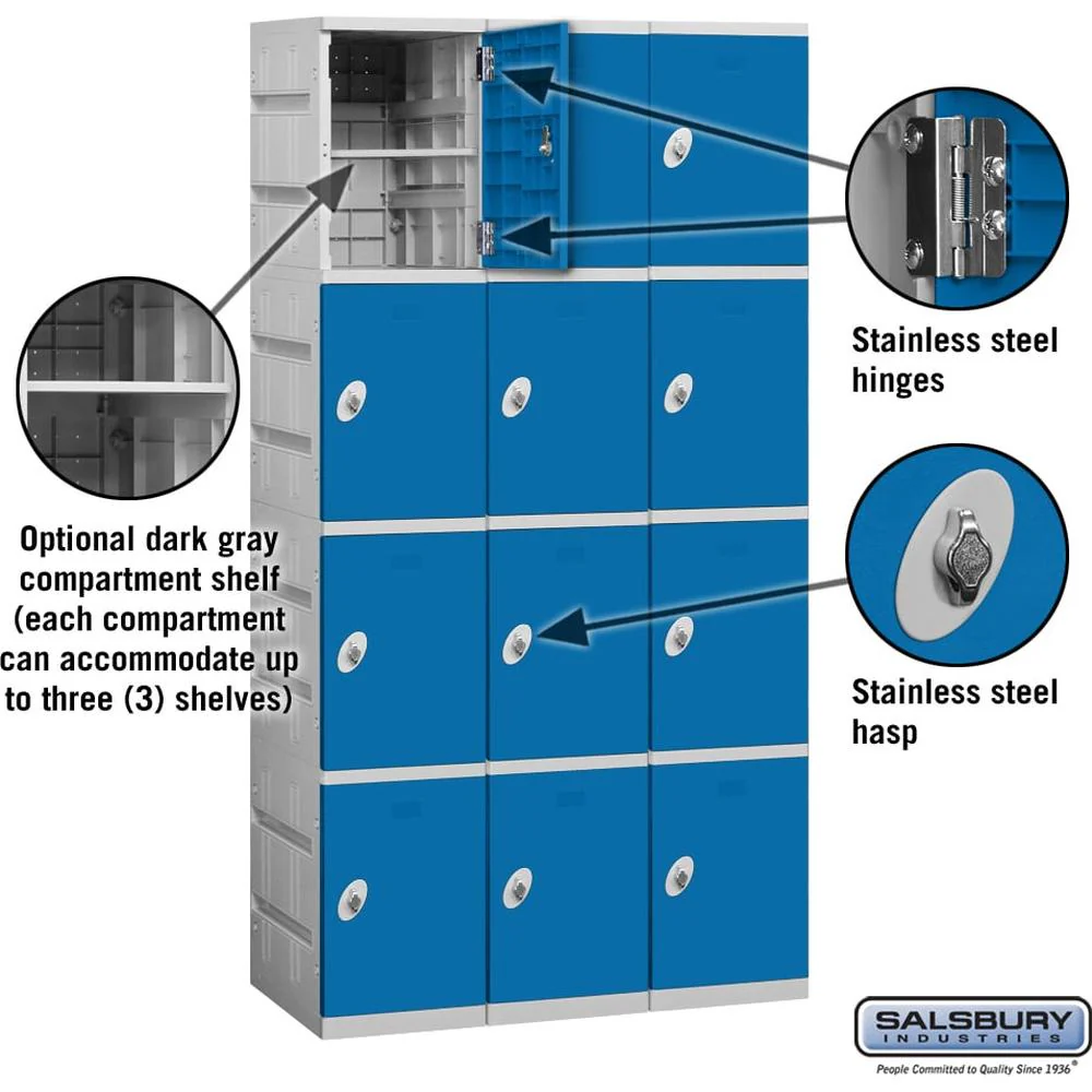 12" Wide Four Tier Plastic Locker - 3 Wide - 6 Feet High - 18" Deep by Salsbury - Image 2