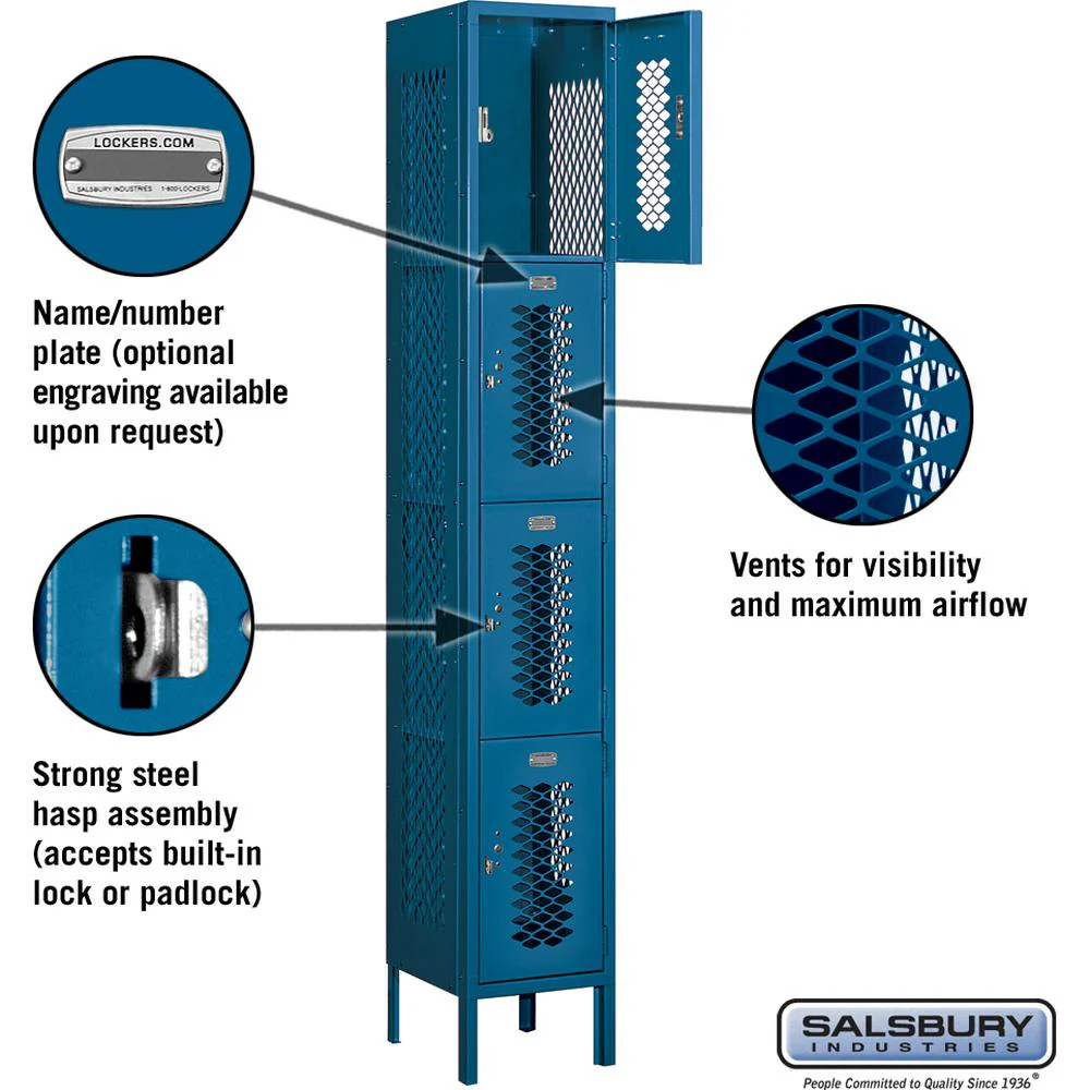 12" Wide Four Tier Vented Metal Locker - 1 Wide - 6 Feet High - 12" Deep by Salsbury - Image 2