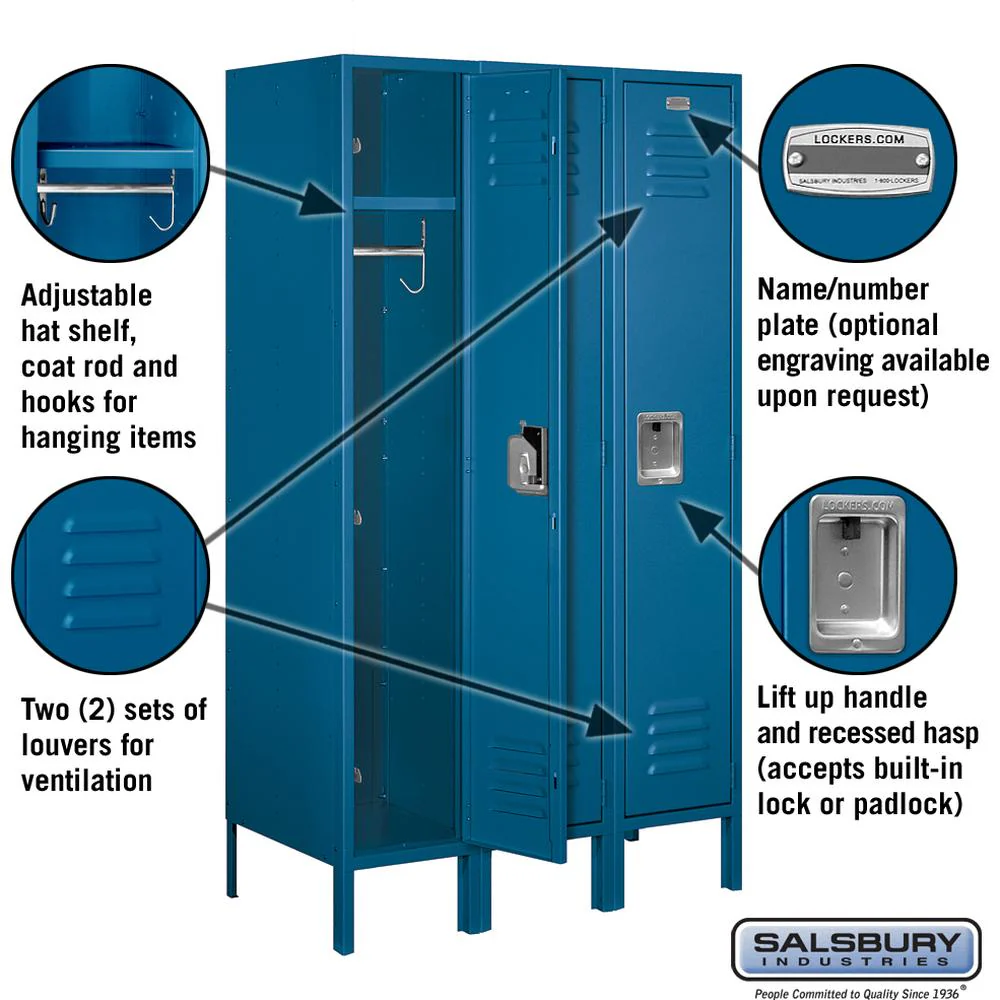 12" Wide Single Tier Standard Metal Locker - 3 Wide - 5 Feet High - 18" Deep by Salsbury - Image 2
