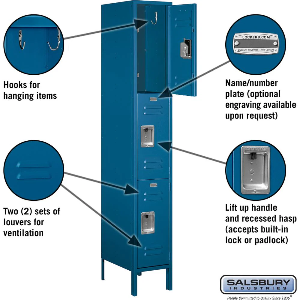 12" Wide Triple Tier Standard Metal Locker - 1 Wide - 6 Feet High - 18" Deep by Salsbury - Image 2