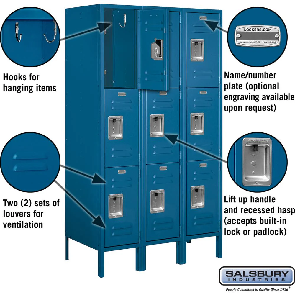 12" Wide Triple Tier Standard Metal Locker - 3 Wide - 5 Feet High - 18" Deep by Salsbury - Image 2