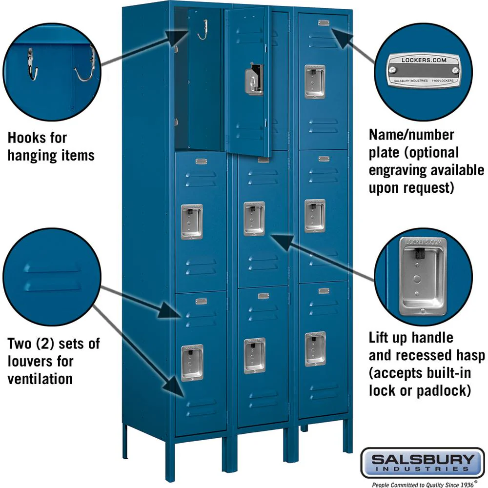 12" Wide Triple Tier Standard Metal Locker - 3 Wide - 6 Feet High - 15" Deep by Salsbury - Image 2