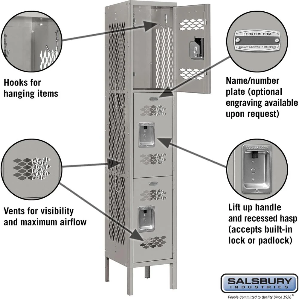 12" Wide Triple Tier Vented Metal Locker - 1 Wide - 5 Feet High - 12" Deep by Salsbury - Image 2