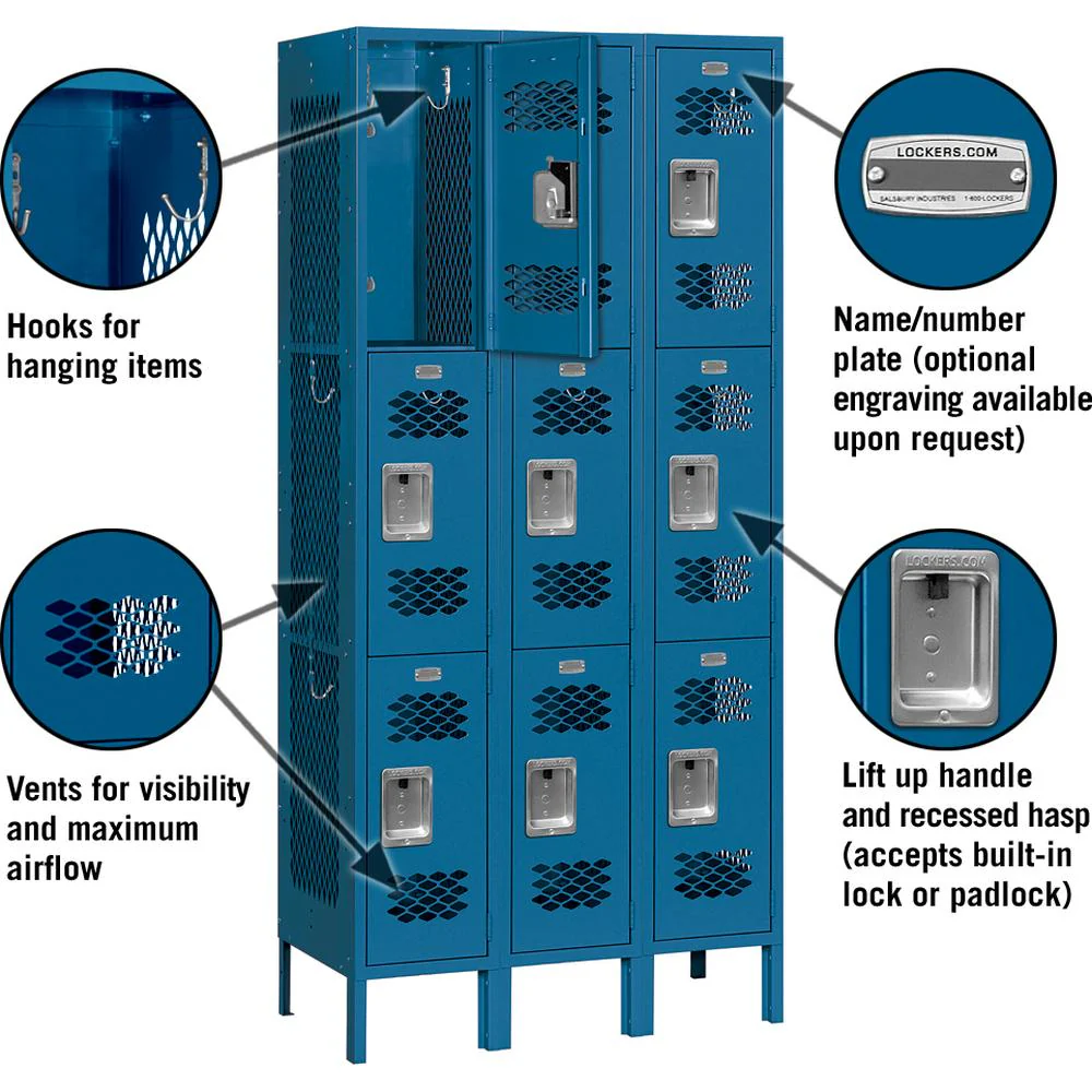 12" Wide Triple Tier Vented Metal Locker - 3 Wide - 6 Feet High - 12" Deep by Salsbury - Image 2