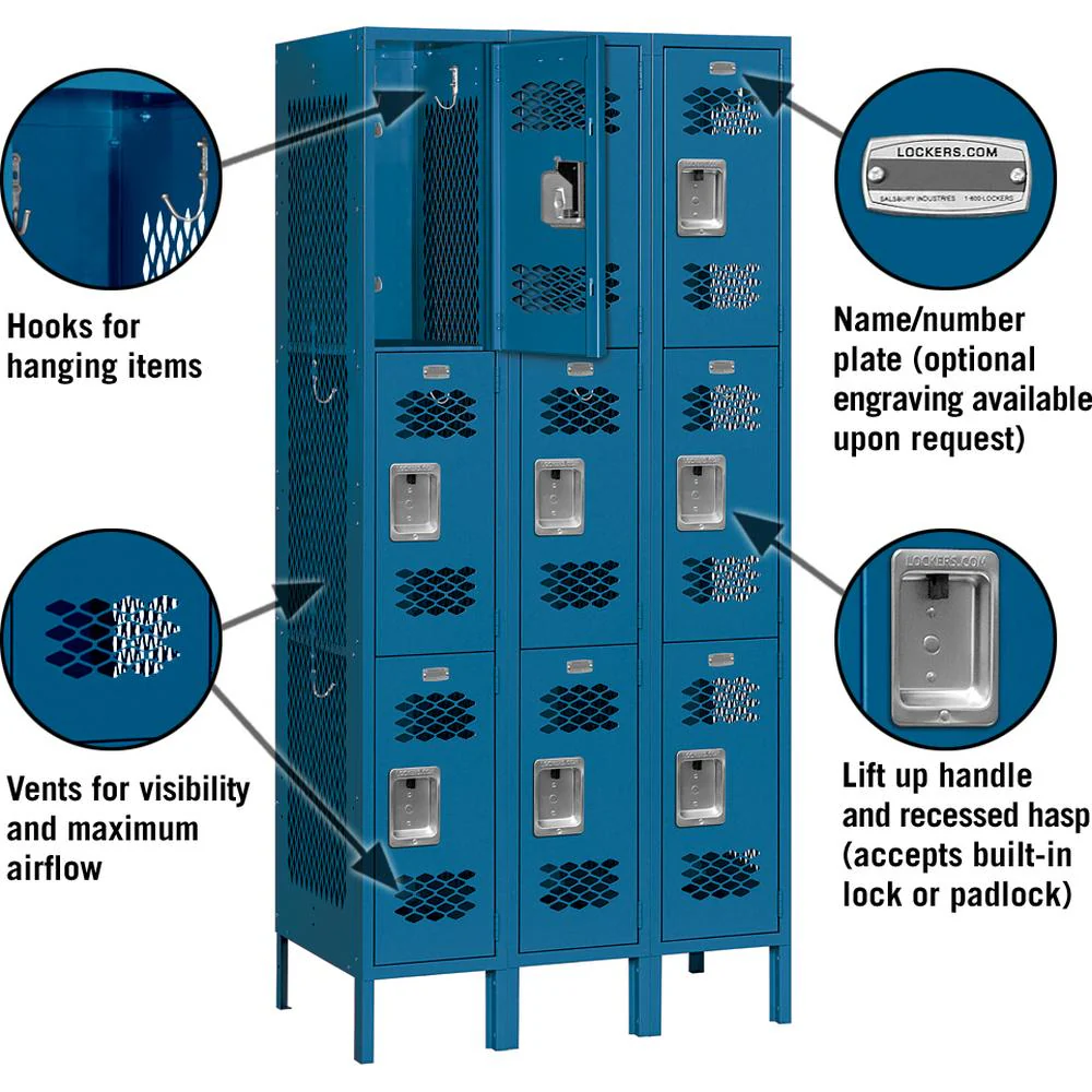 12" Wide Triple Tier Vented Metal Locker - 3 Wide - 6 Feet High - 15" Deep by Salsbury - Image 2