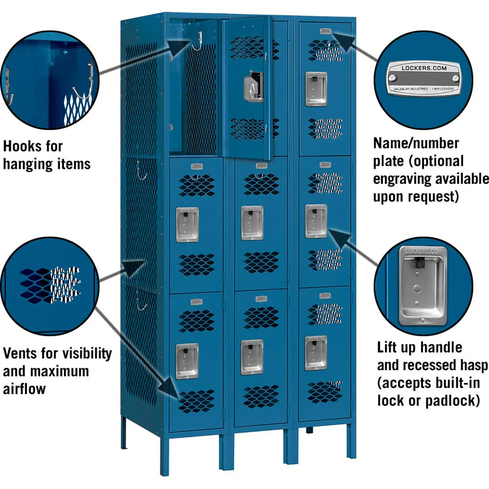 12" Wide Triple Tier Vented Metal Locker - 3 Wide - 6 Feet High - 18" Deep by Salsbury - Image 2