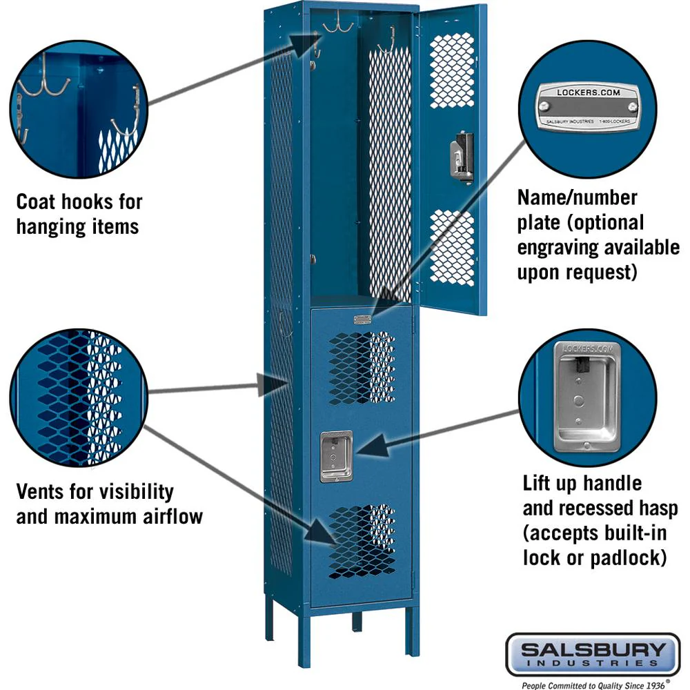 15" Wide Double Tier Vented Metal Locker - 1 Wide - 6 Feet High - 15" Deep by Salsbury - Image 2