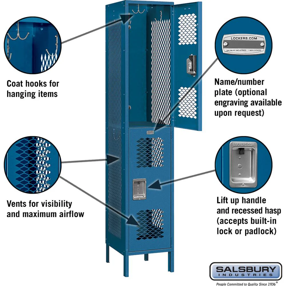 15" Wide Double Tier Vented Metal Locker - 1 Wide - 6 Feet High - 18" Deep by Salsbury - Image 2