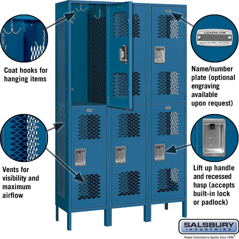 15" Wide Double Tier Vented Metal Locker - 3 Wide - 6 Feet High - 15" Deep by Salsbury - Image 2