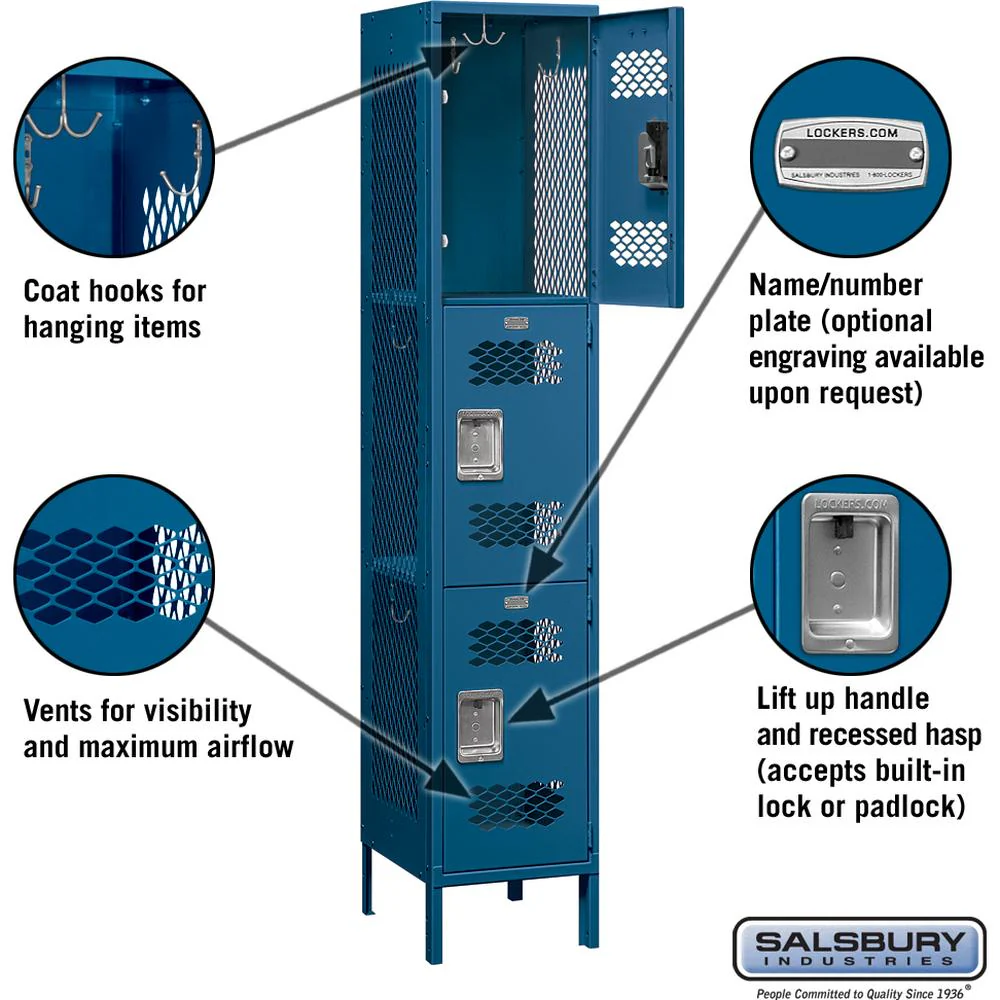 15" Wide Triple Tier Vented Metal Locker - 1 Wide - 6 Feet High - 18" Deep by Salsbury - Image 2