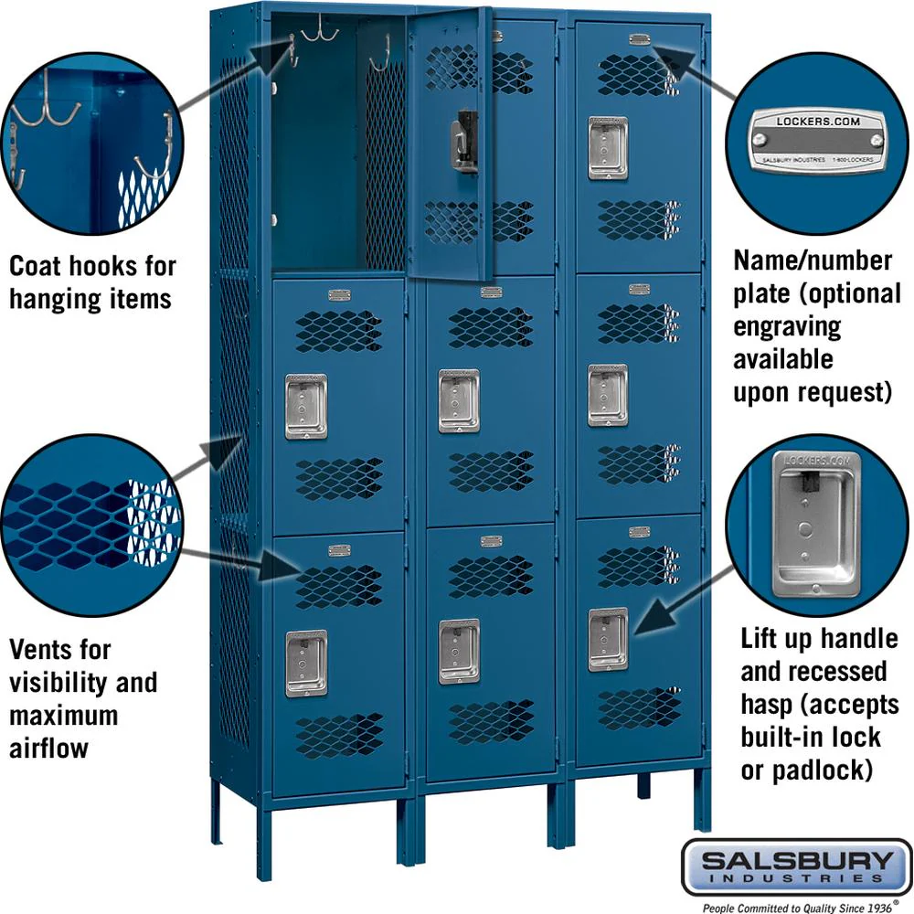 15" Wide Triple Tier Vented Metal Locker - 3 Wide - 6 Feet High - 15" Deep by Salsbury - Image 2