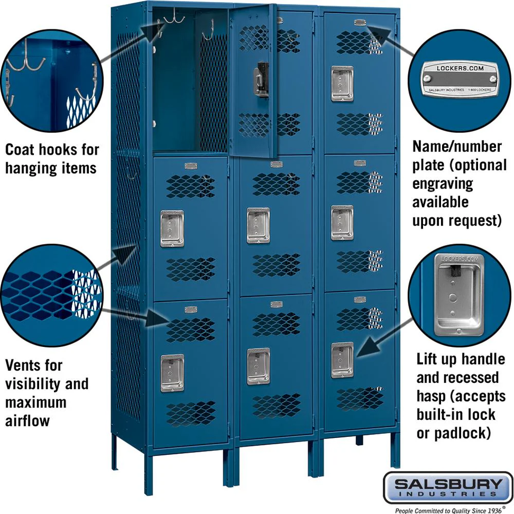 15" Wide Triple Tier Vented Metal Locker - 3 Wide - 6 Feet High - 18" Deep by Salsbury - Image 2