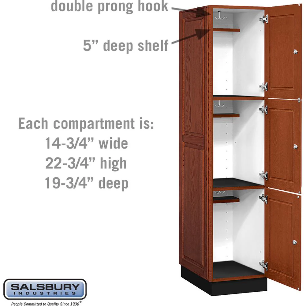 16" Wide Triple Tier Solid Oak Executive Wood Locker - 1 Wide - 6 Feet High - 21" Deep - Medium Oak by Salsbury - Image 3