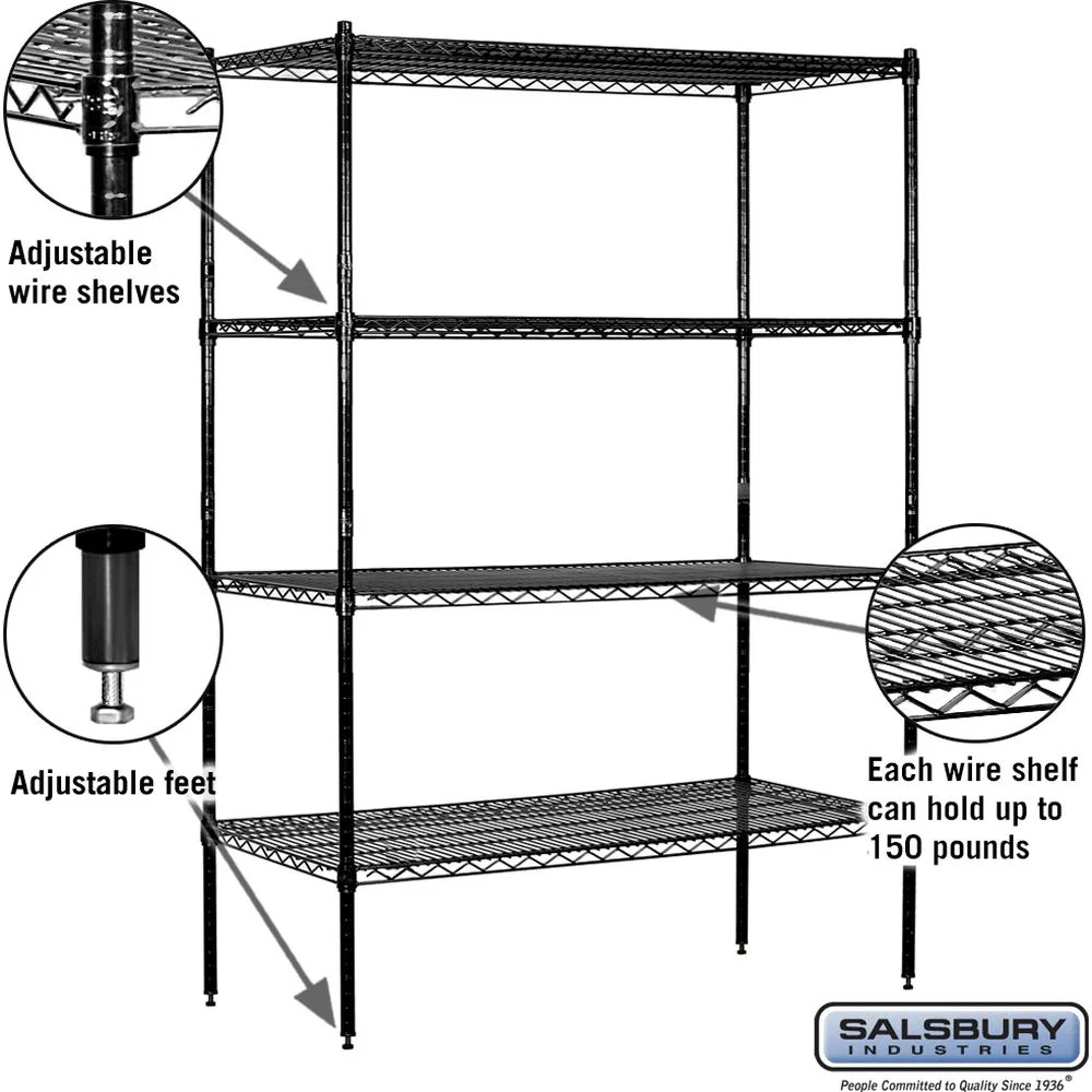 48" Wide Stationary Wire Shelving - 74" High - 18" Deep - Black by Salsbury - Image 2