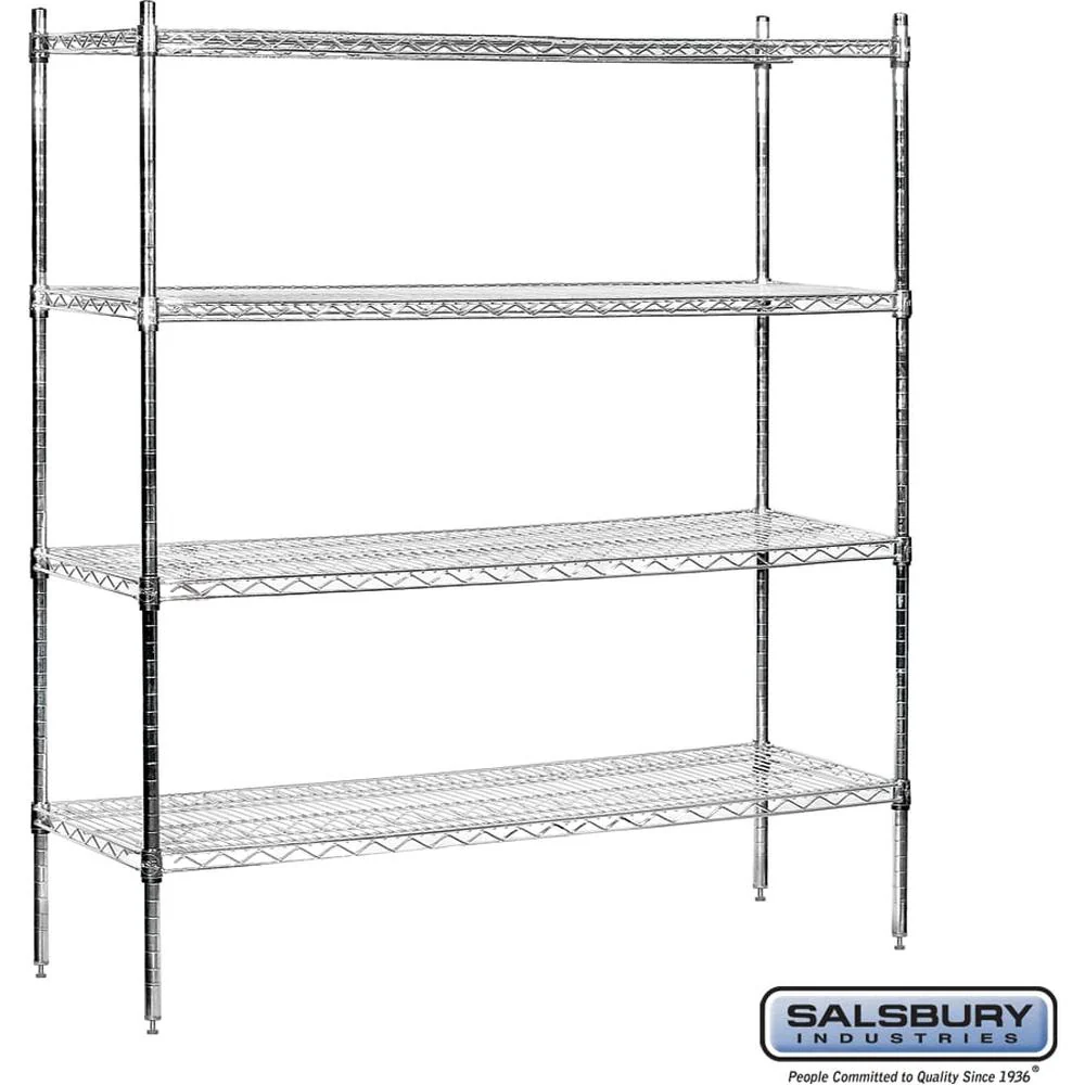 60" Wide Stationary Wire Shelving - 63" High - 18" Deep - Chrome by Salsbury