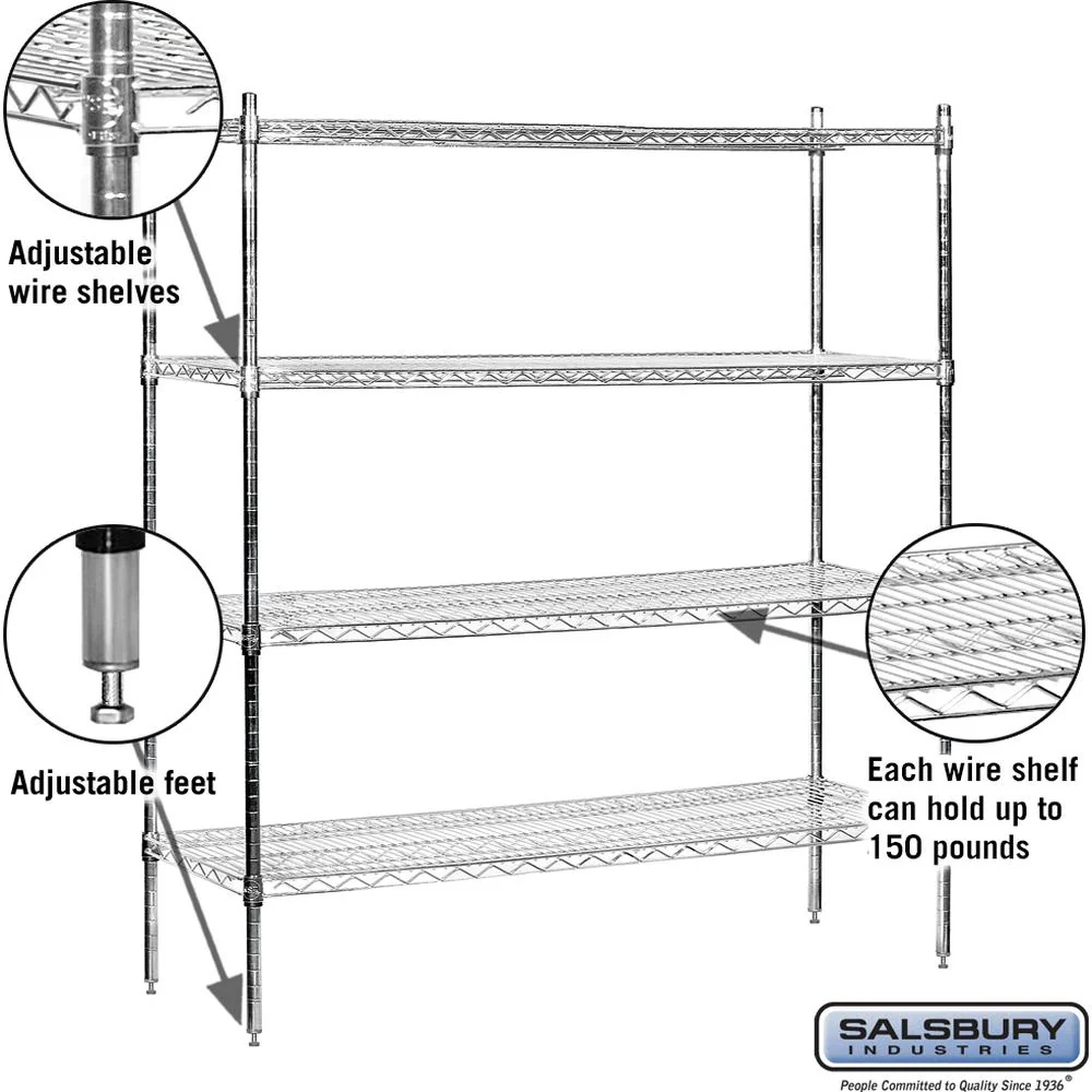 60" Wide Stationary Wire Shelving - 63" High - 18" Deep - Chrome by Salsbury - Image 2