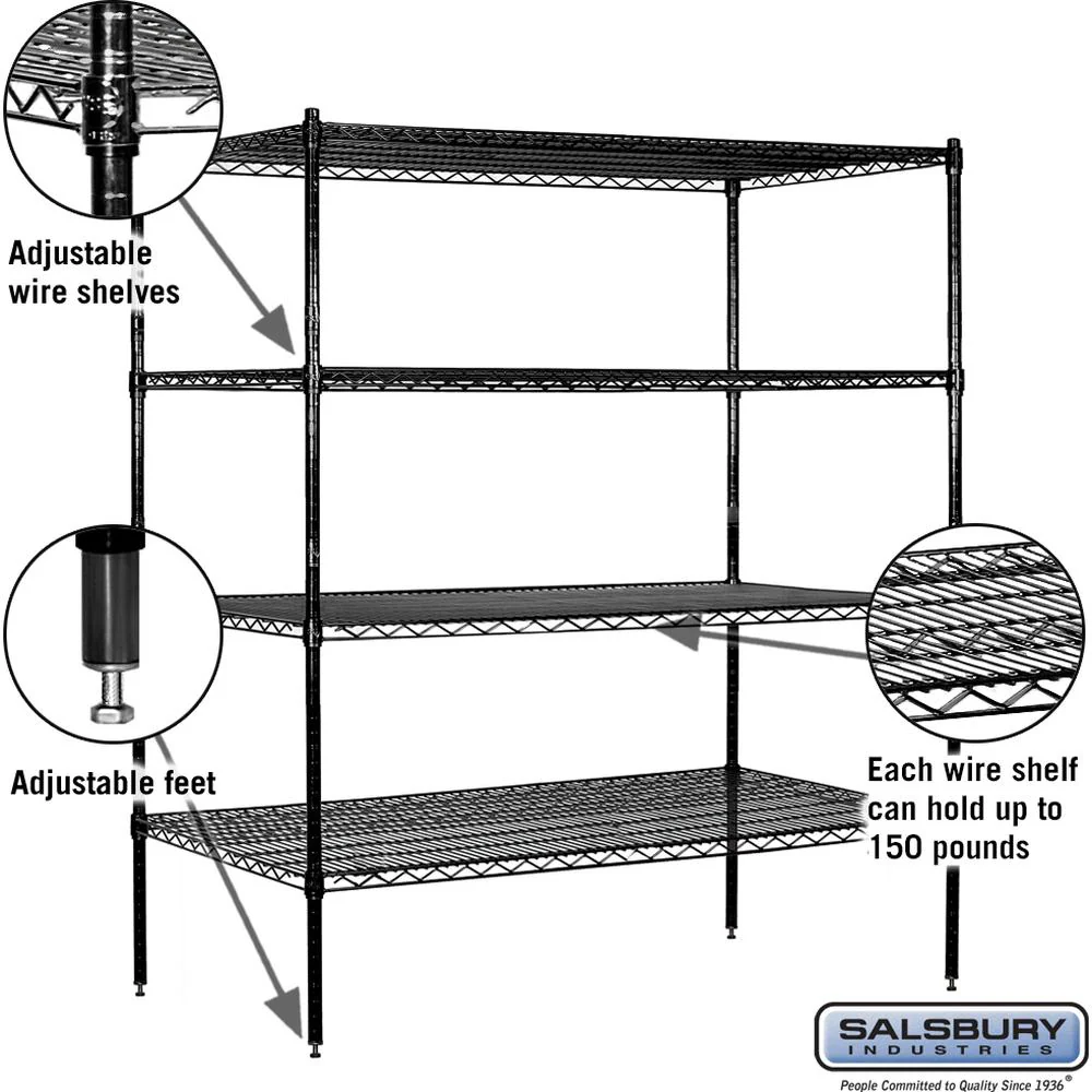 60" Wide Stationary Wire Shelving - 63" High - 24" Deep - Black by Salsbury - Image 2