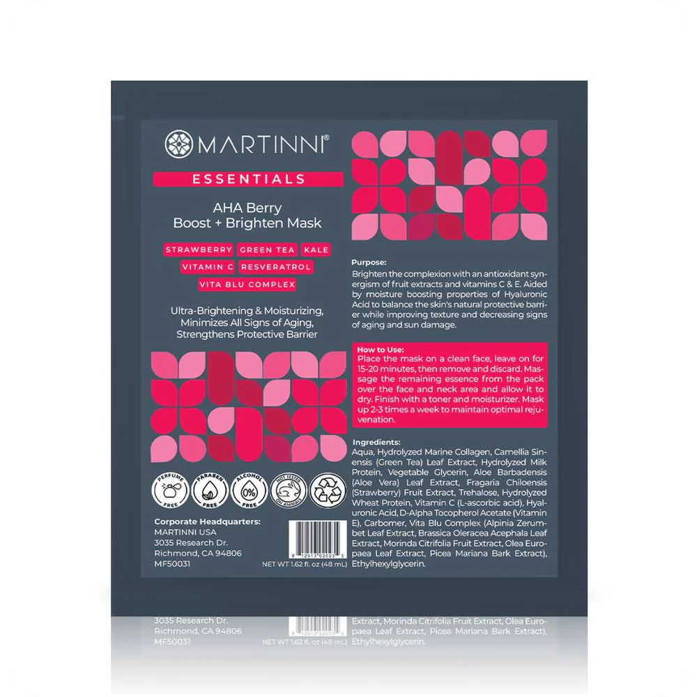 AHA Berry Boost + Brighten Mask / Pack of 15 - Each Pre-Moistened 100% Natural and Paraben Free Mask is Single Use by Martinni - Image 2