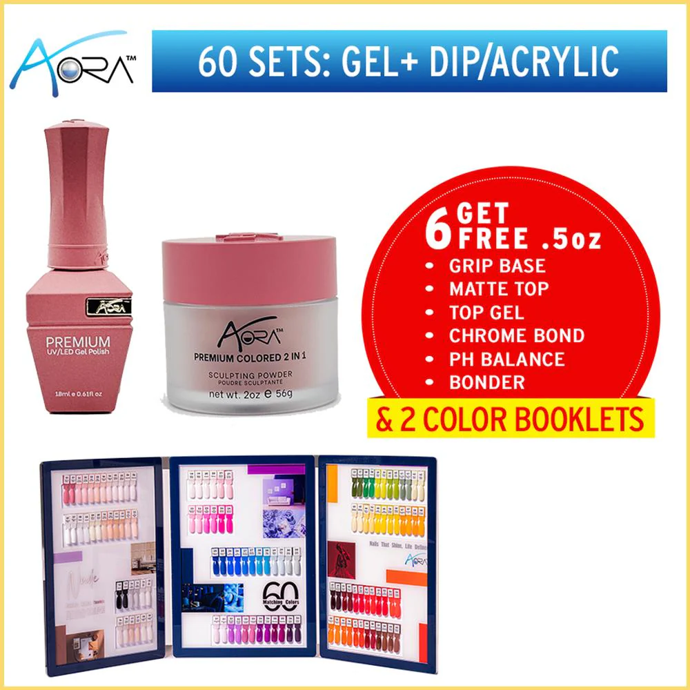 Aora 2-in-1 Set: Gel Polish 0.6 oz. + Dip/Acrylic Powder 2 oz. - 60 Colors #01 - #60 + Free Gifts