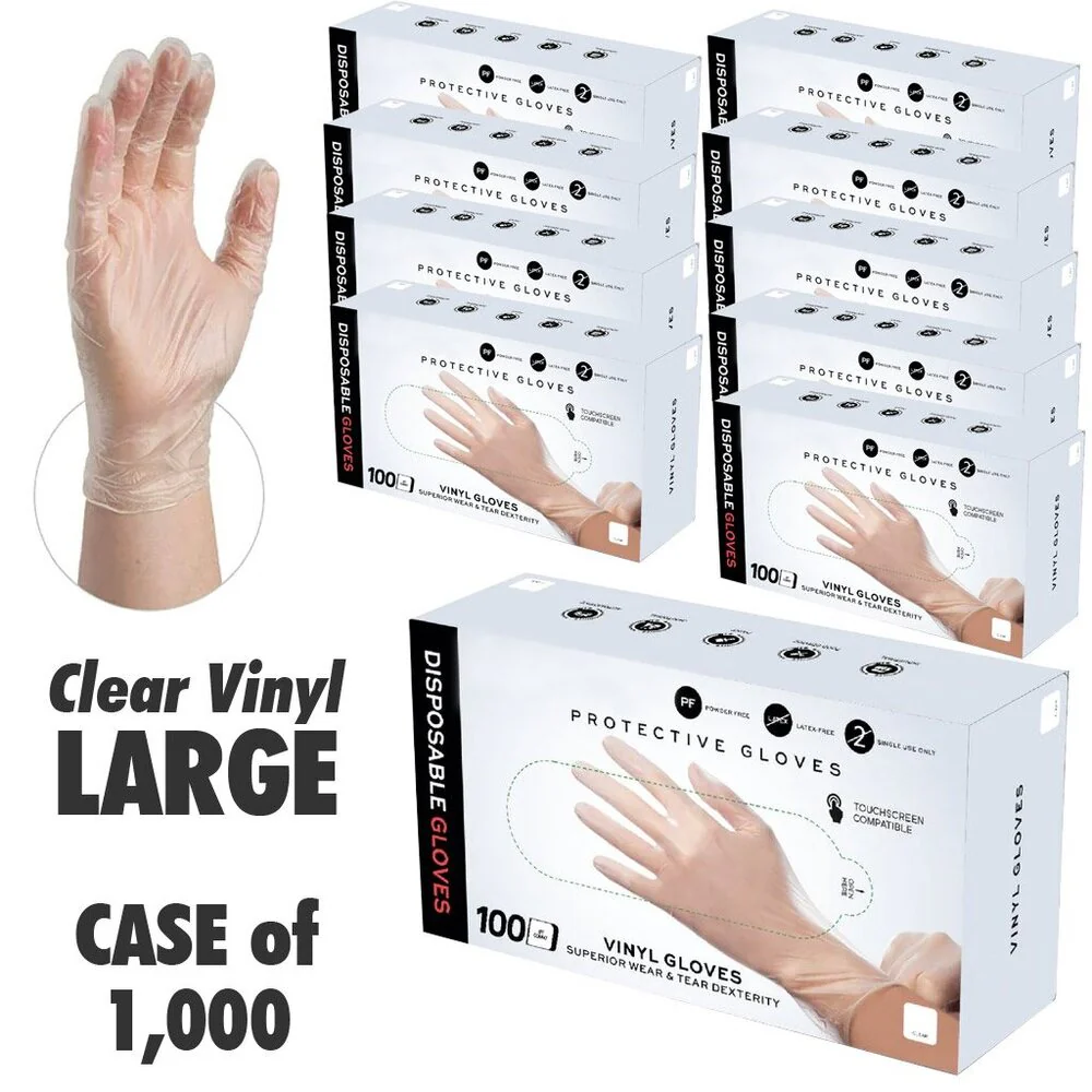 Clear Vinyl Disposable Gloves / Large / Clear / Powder-Free / 1,000 Count: Case of 10 Boxes, 100/Box