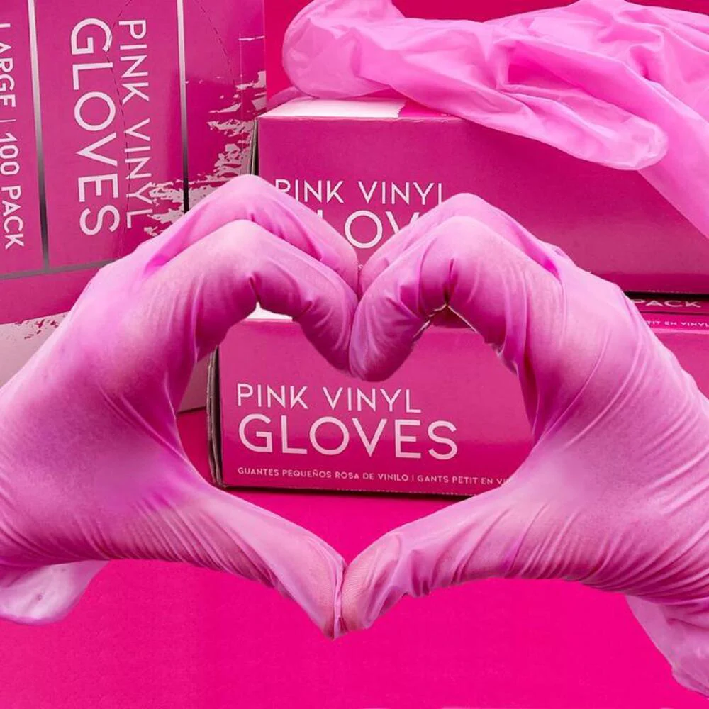 Colortrak Disposable Pink Vinyl Gloves - LARGE / 100 Pack - Image 4