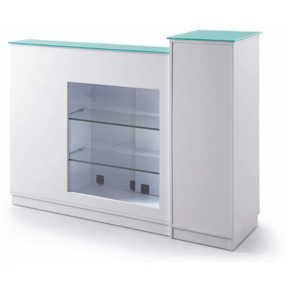 Dallas Reception Desk with Retail Display Case / White with Silver Accents by HANS Equipment