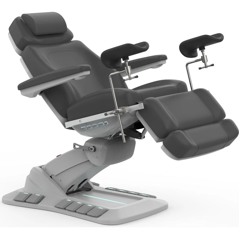 Dr. Mikaela II Grand 4-Motor Exam Chair + Stirrups / Rotates 240 Degrees / Dark Grey