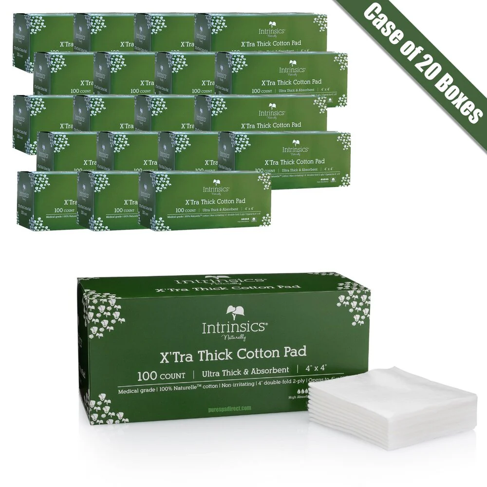 X'Tra Thick Essential Cotton Pads - 4" x 4" Ultra Thick / 100 Count per Box X 20 Boxes = Case of 1,000 Ultra Thick Pads by Intrinsics