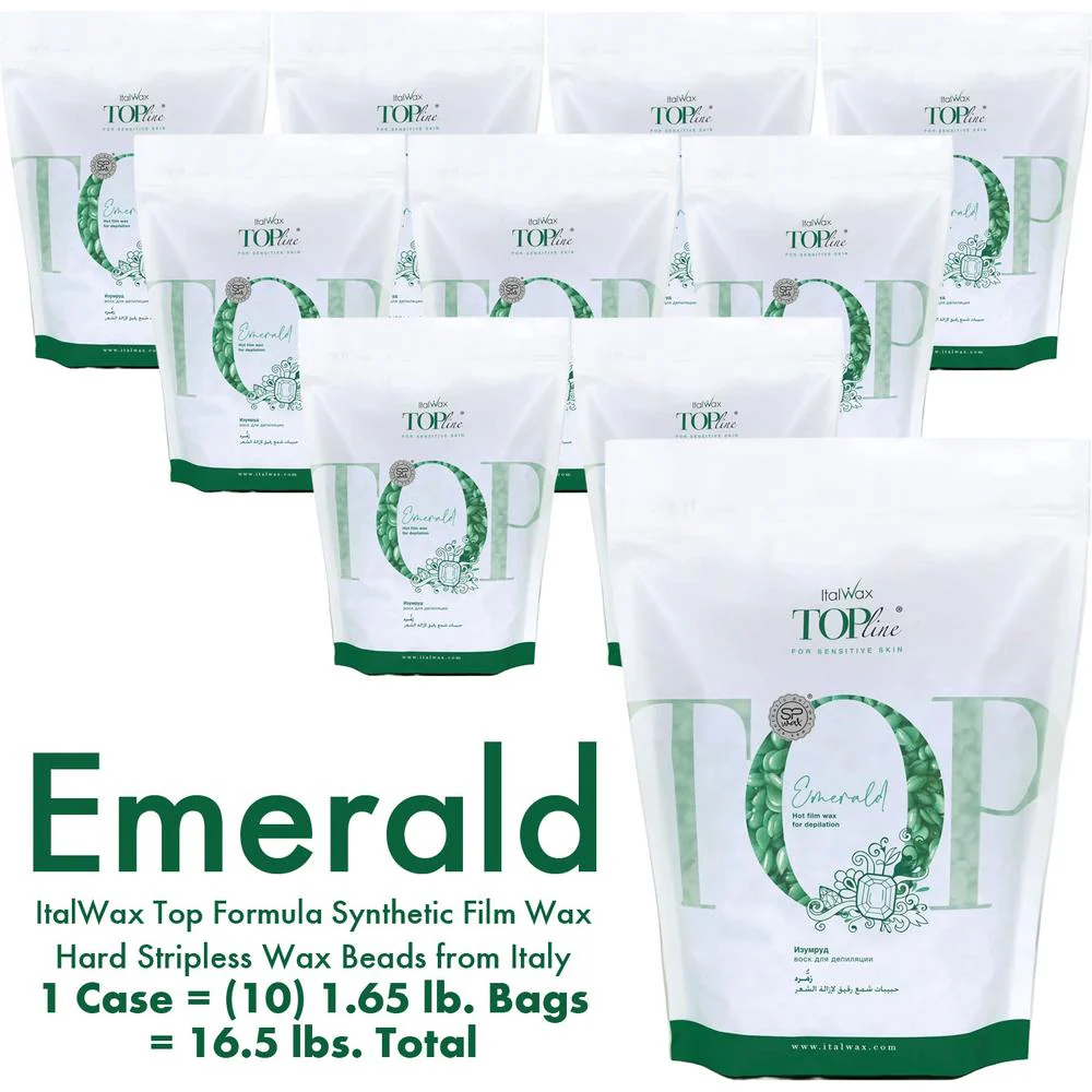 ItalWax Top Formula Synthetic Film Wax - Emerald - Hard Stripless Wax Beads from Italy / 1 Case = (10) 1.65 lb. Bags = 16.5 lbs. Total