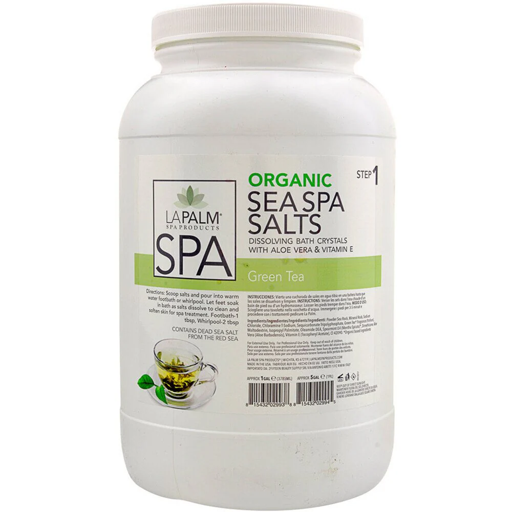 La Palm Organic Sea Spa Salts for Pedicures - Dissolving Bath Crystals with Aloe Vera & Vitamin E - GREEN TEA - STEP 1 / 1 Gallon - 3.79 Liters