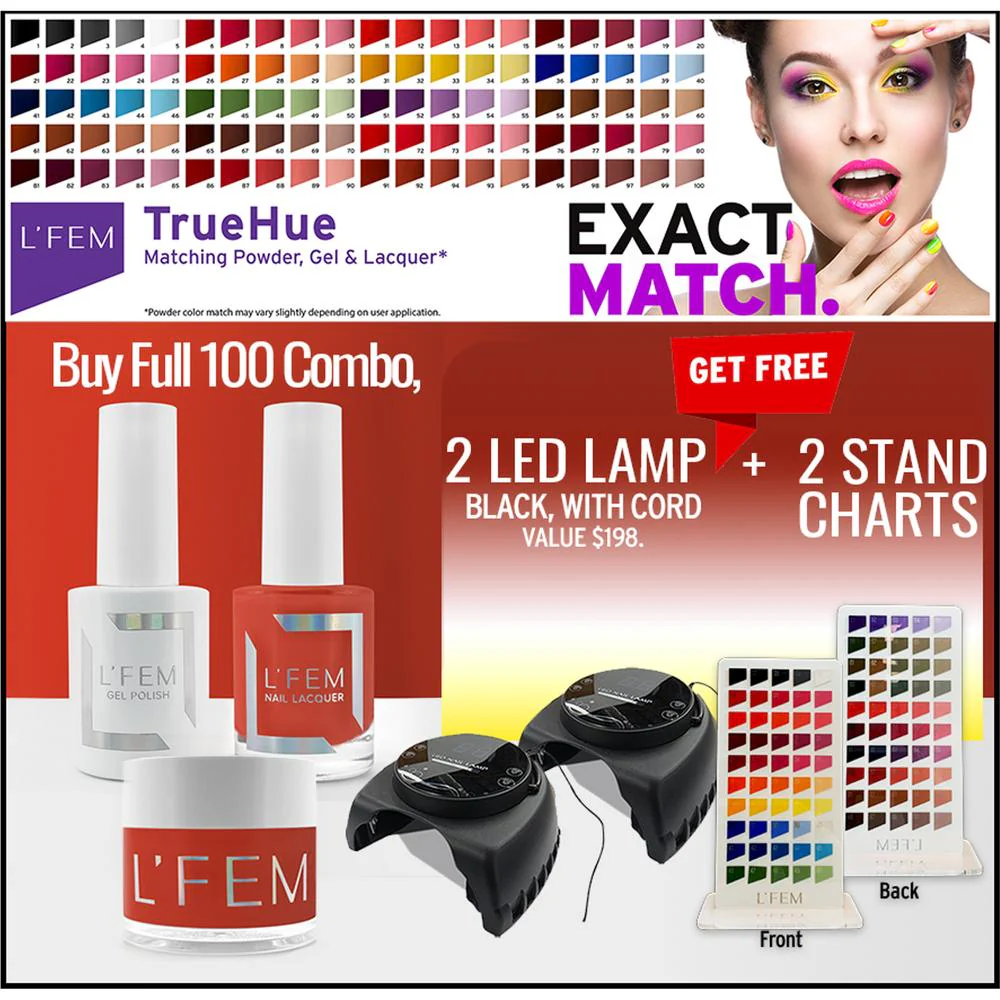 L'Fem Full 100 Combo Colors (Gel Polish 0.5 oz. + Nail Lacquer 0.5 oz. + Powder 2 oz.) + Free 2 Stand Charts