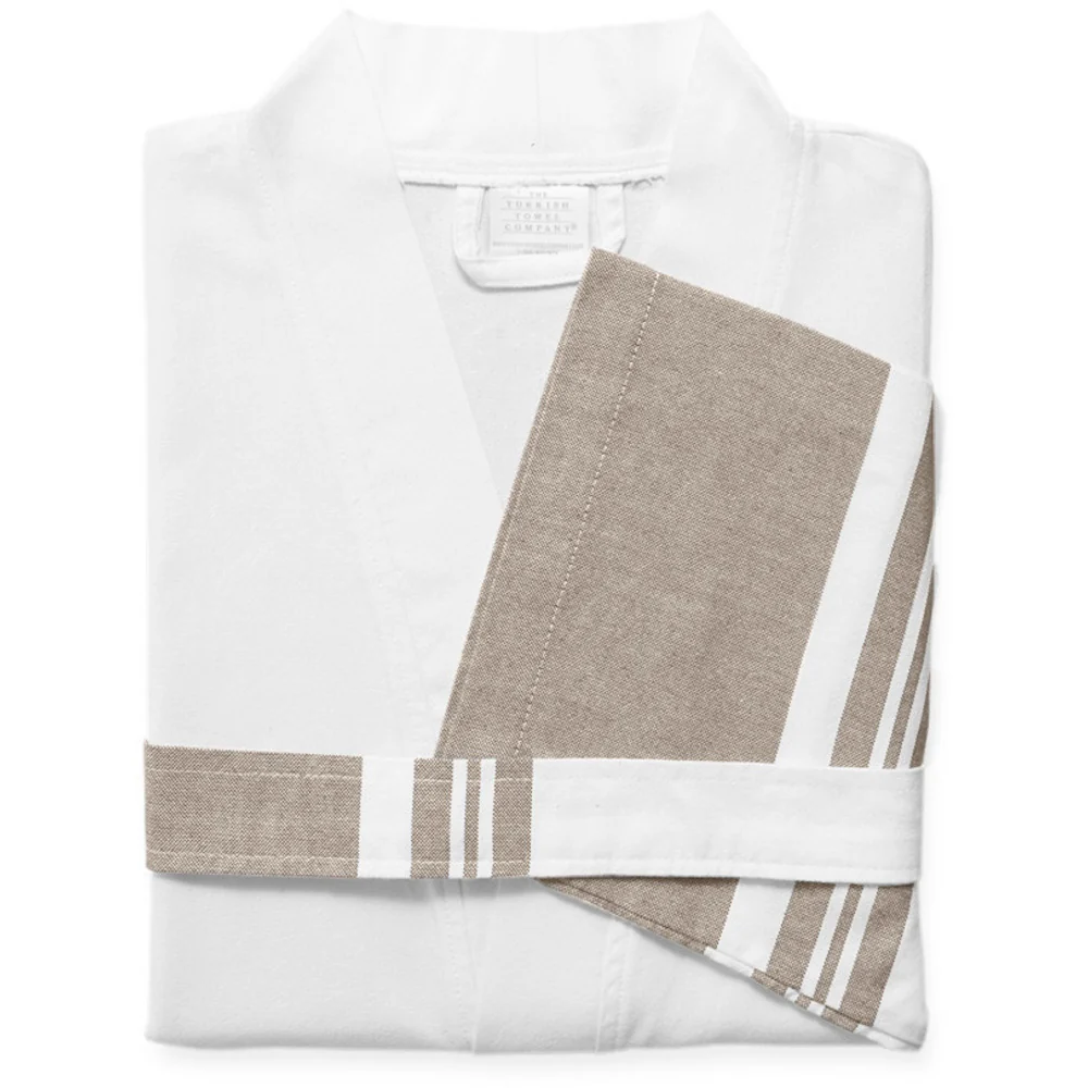 Lightweight Classic Peshtemal Kimono Bathrobe / White with Beige Striping by The Turkish Towel Company