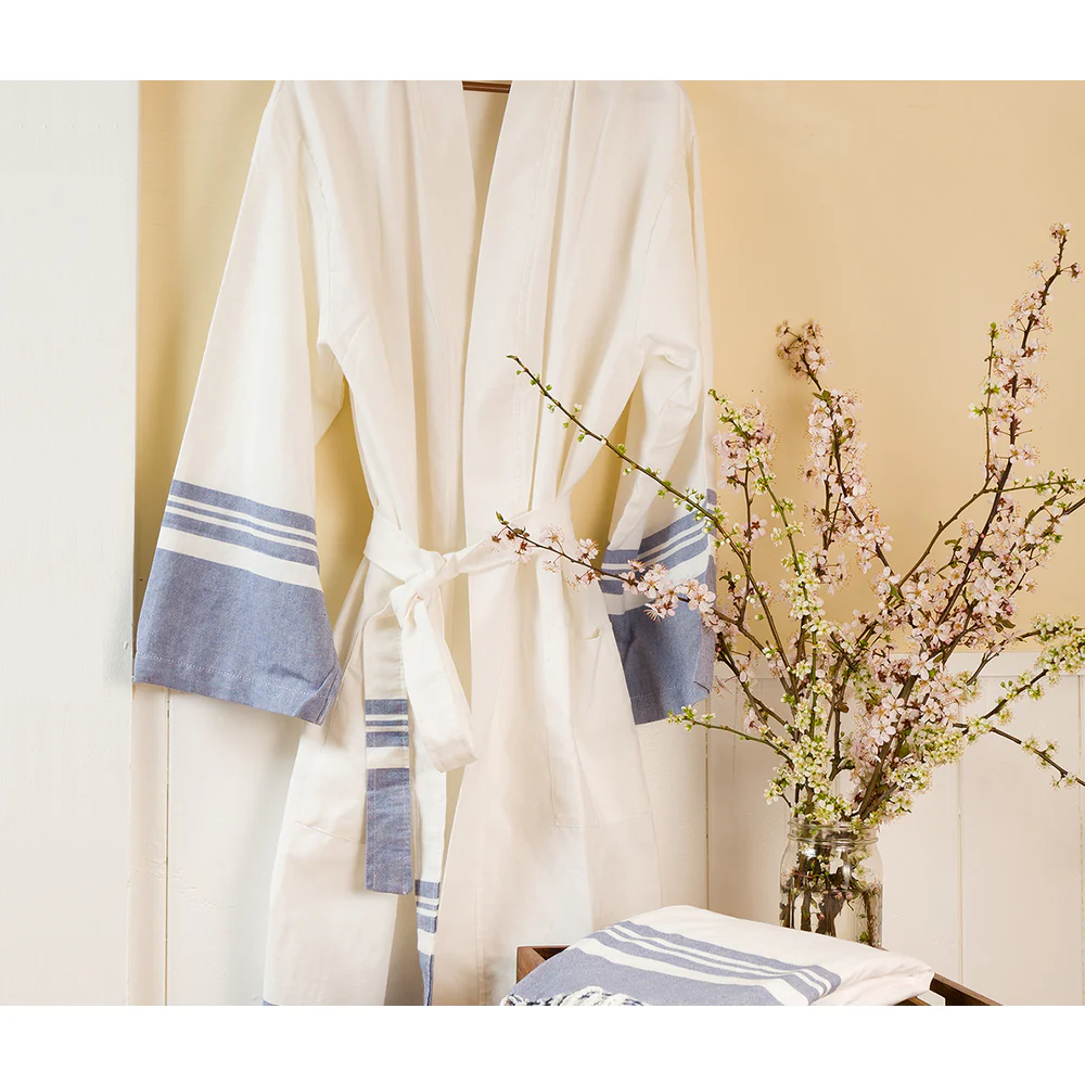 Lightweight Classic Peshtemal Kimono Bathrobe / White with Grey Striping by The Turkish Towel Company - Image 2