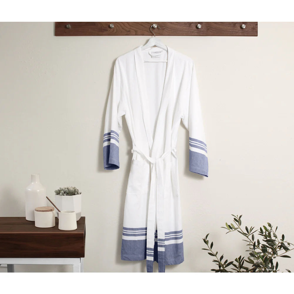 Lightweight Classic Peshtemal Kimono Bathrobe / White with Grey Striping by The Turkish Towel Company - Image 3