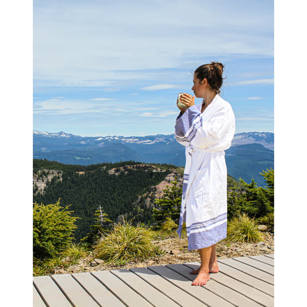 Lightweight Classic Peshtemal Kimono Bathrobe / White with Grey Striping by The Turkish Towel Company - Image 4