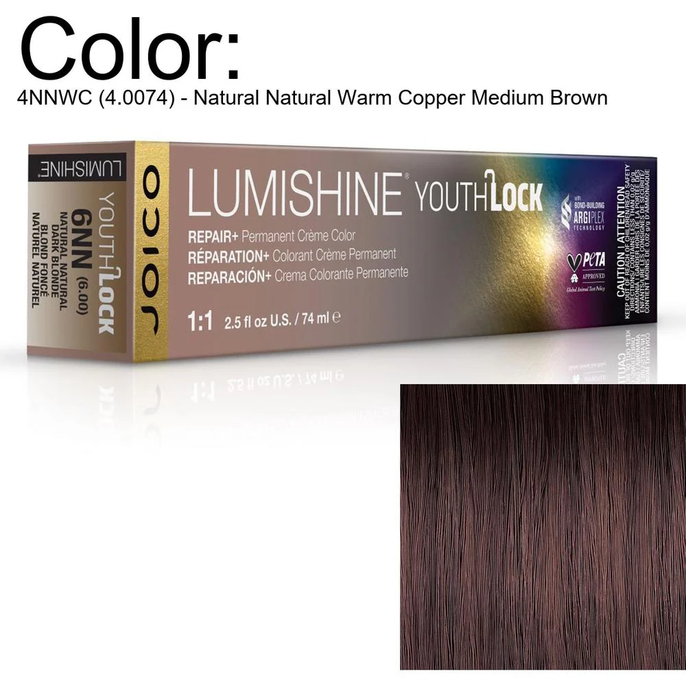 LumiShine YouthLock Permanent Creme Color - 4NNWC (4.0074) - Natural Natural Warm Copper Medium Brown / 2.5 oz. by Joico
