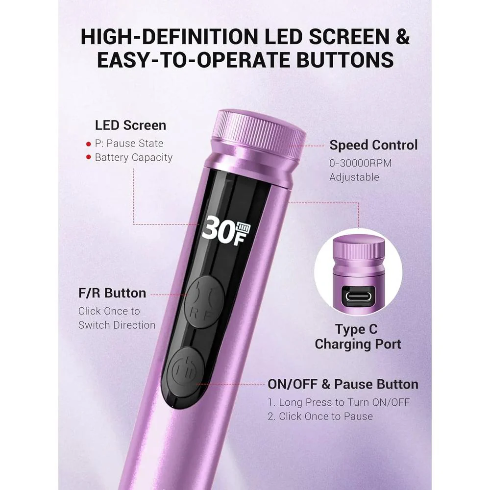 MelodySusie Recharge Portable & Stepless Speed Rechargeable Nail Drill 30000RPM - Purple - Image 3