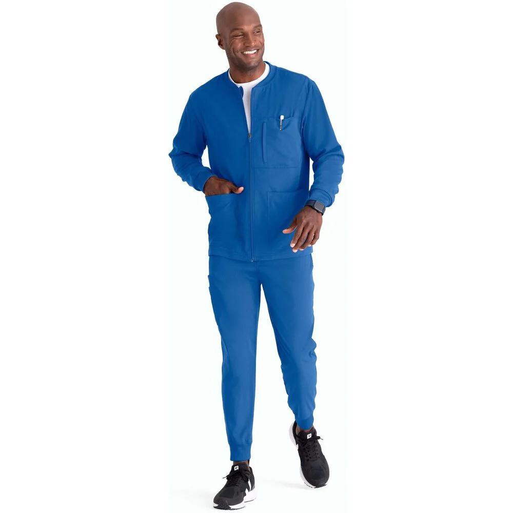 Men's React Warmup Scrub Jacket - Greys Anatomy Spandex Stretch Collection / Color - New Royal / Fit - Regular / Sizes - XS, S, M, L, XL, 2XL, 3XL by Barco Uniforms