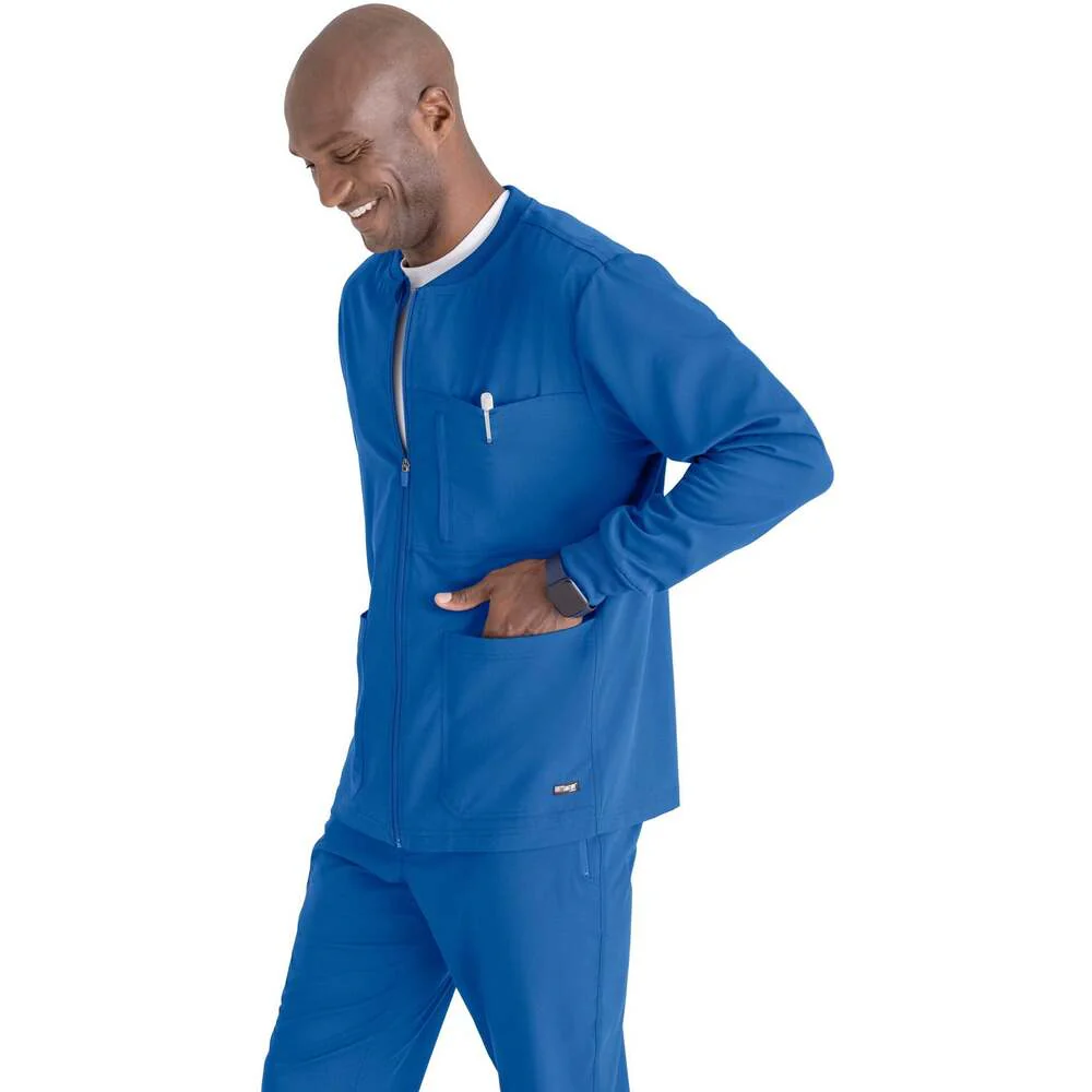 Men's React Warmup Scrub Jacket - Greys Anatomy Spandex Stretch Collection / Color - New Royal / Fit - Regular / Sizes - XS, S, M, L, XL, 2XL, 3XL by Barco Uniforms - Image 4