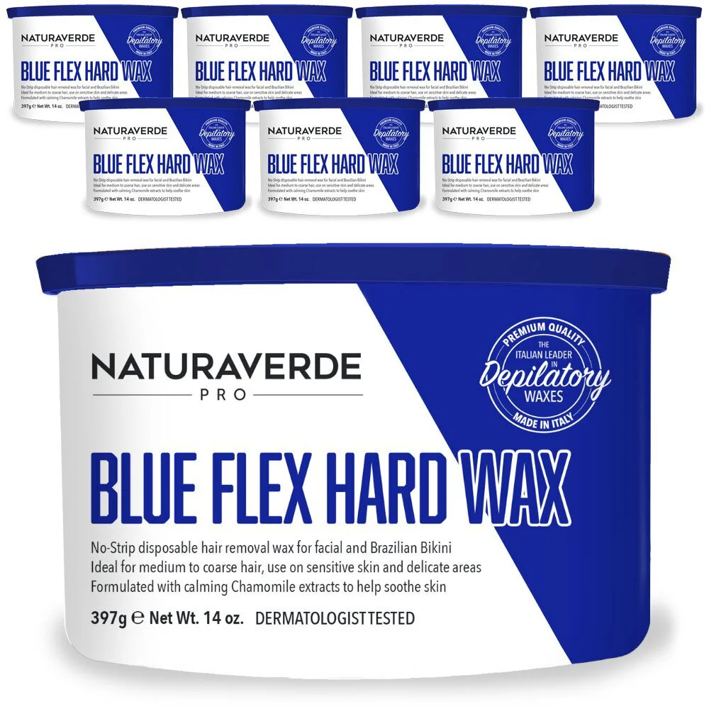 NaturaverdePro - BLUE FLEX HARD WAX - Hard Stripless Wax - Made in Italy / Case = 14 oz. - 397 grams Can X 8 Cans