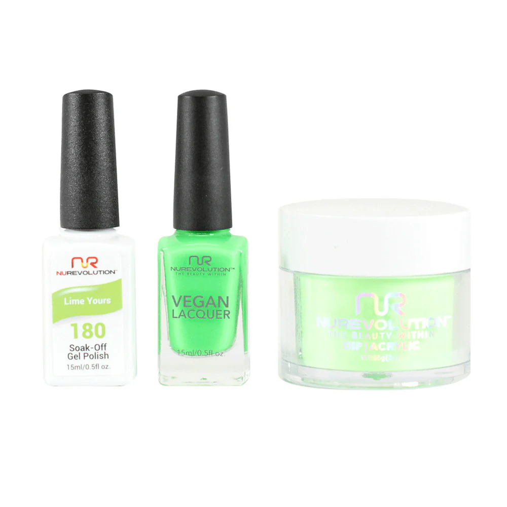 NR Elite Trio: Gel Polish + Lacquer + Dip/Acrylic Powder - #MS180 Lime Yours by NuRevolution / Gel Polish 15 mL. + Lacquer 15 mL. + Dip/Acrylic 2 oz.