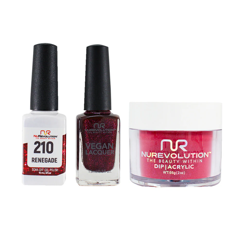 NR Elite Trio: Gel Polish + Lacquer + Dip/Acrylic Powder - #MS210 Renegade by NuRevolution / Gel Polish 15 mL. + Lacquer 15 mL. + Dip/Acrylic 2 oz.