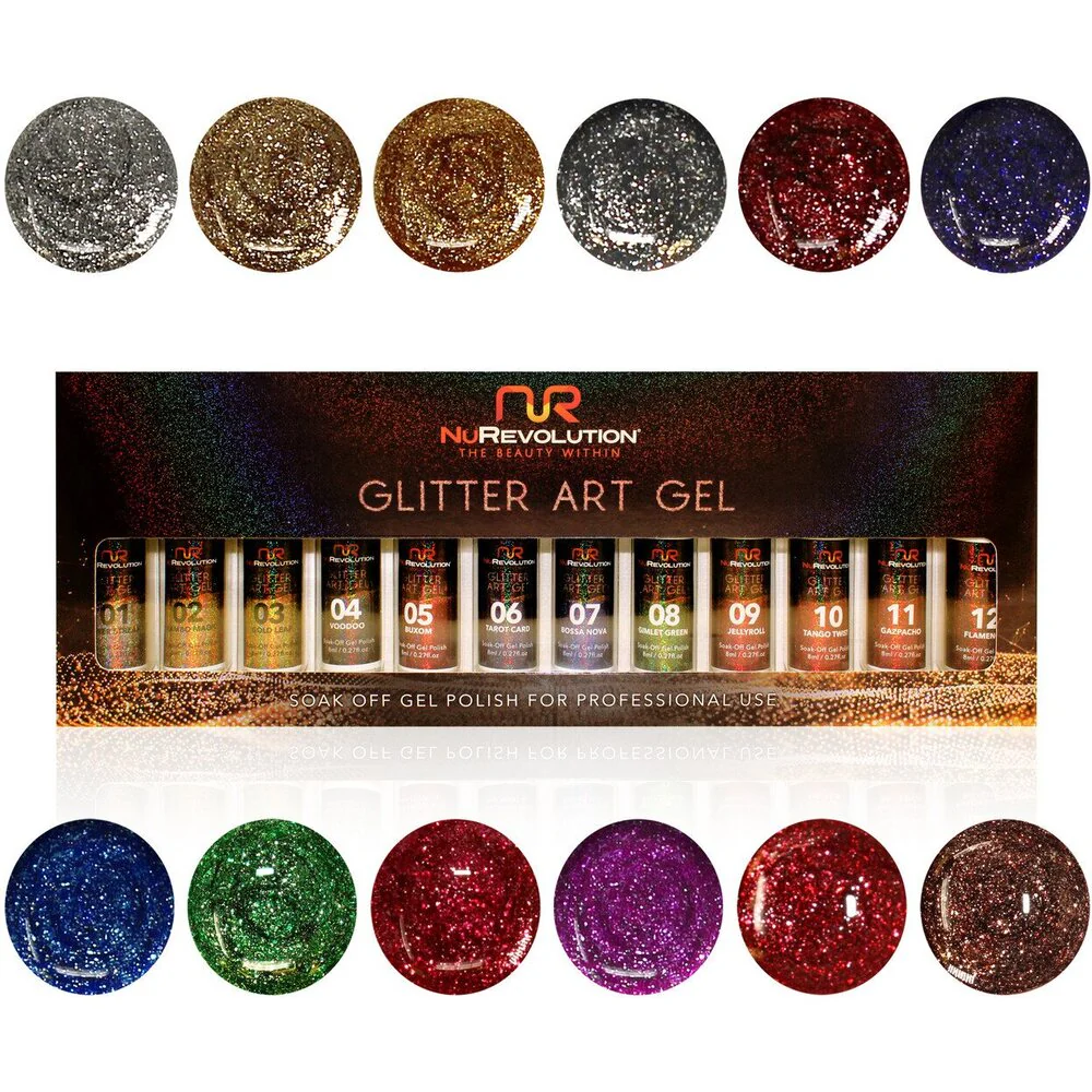 NuRevolution Gel Liner Glitter Set - Soak Off Gel Polish and Gel Liner Brush - Nail Art / 12 colors - 8 mL. Each